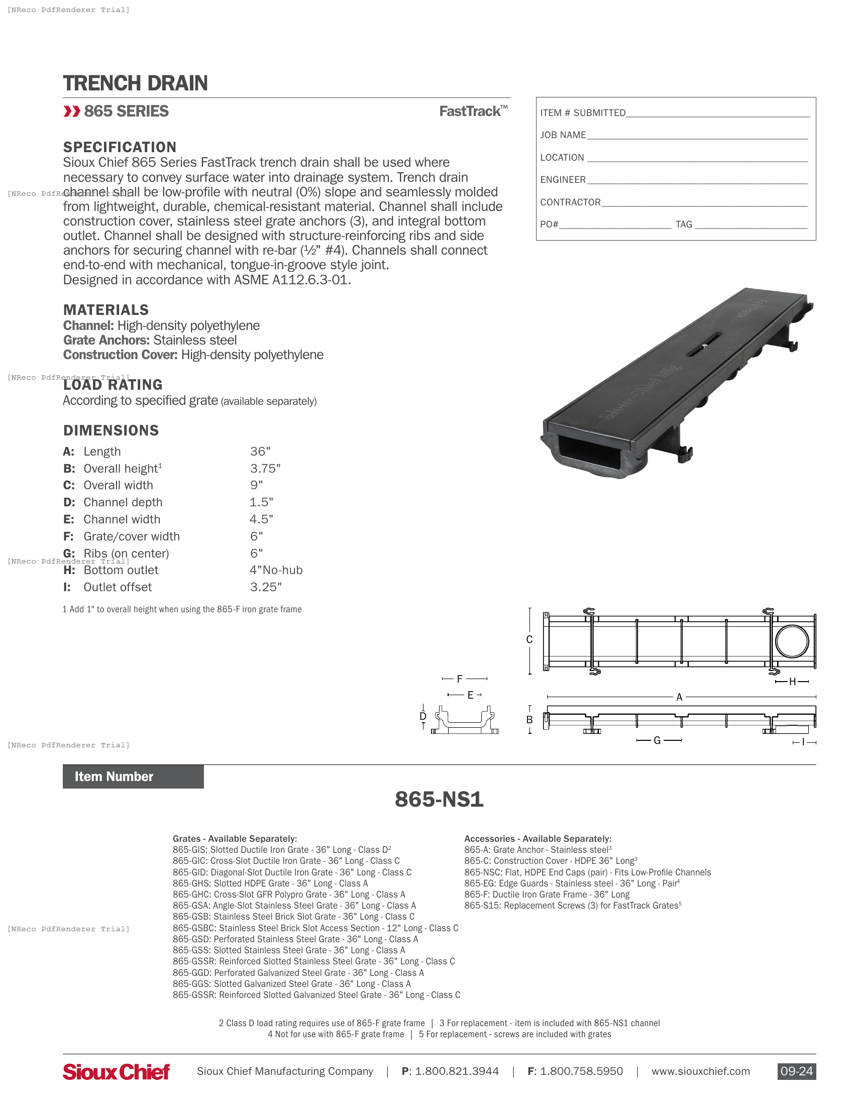 865-NS1 - FASTTRACK SHALLOW TRENCH DRAIN - SPEC SHEET.PDF Specification Document